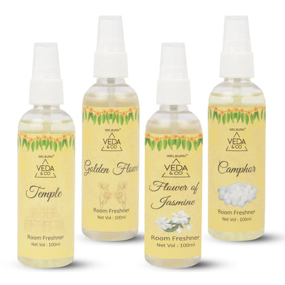 Welburn Veda&Co® Room Freshener for Puja - Combo Pack of 4 (100ml each) | Jasmine, Camphor, Golden Flower & Temple Fragrance | Long Lasting Air Freshener for Home & Office