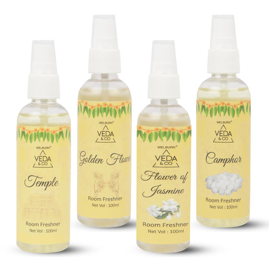 Welburn Veda&Co® Room Freshener for Puja - Combo Pack of 4 (100ml each) | Jasmine, Camphor, Golden Flower & Temple Fragrance | Long Lasting Air Freshener for Home & Office
