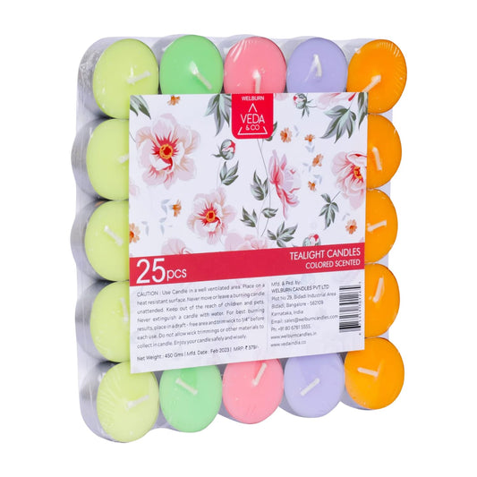 Welburn Veda&Co® Wax Unscented Colored Tealight Candles Pack of 25 for Diwali Decoration | Burn Upto 4 Hour | Paraffin Free & Smokeless | Candles for Home Decor, Office & Special Occasions