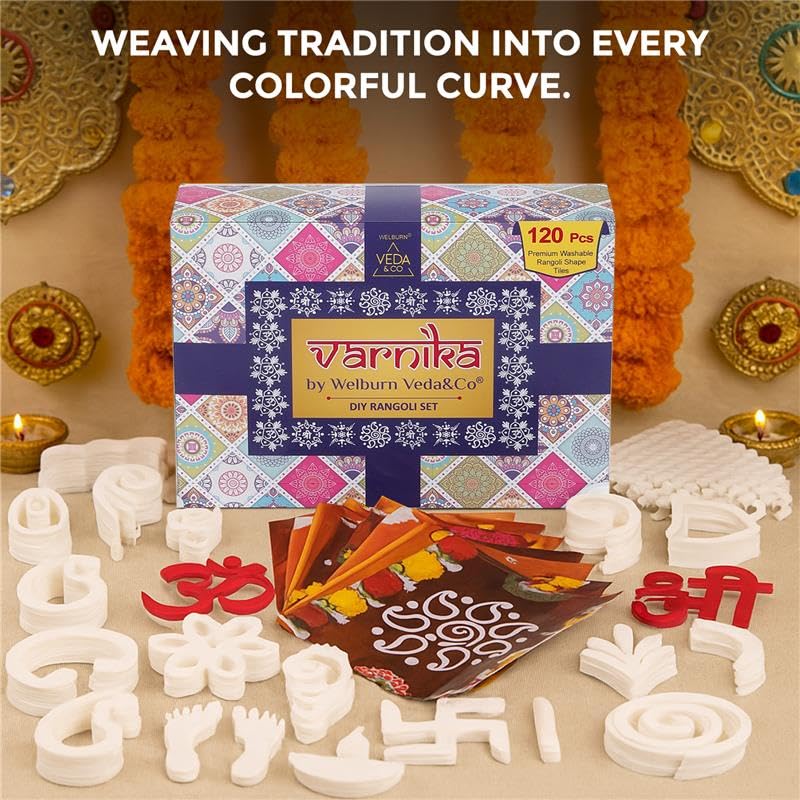 Varnika by Welburn Veda&Co® Reusable Rangoli Kit (120 Piece) for Diwali Decoration, Navratri & Pooja & Floor Decor | Indian Festive Floor Art for Festive Gifting | Washable DIY Rangoli Set