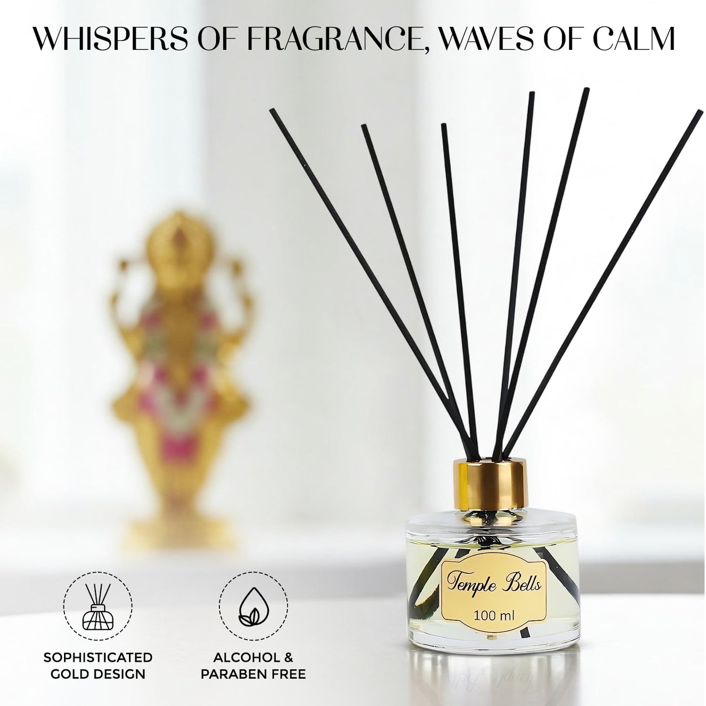 Welburn Veda&Co® Temple Bells Scented Reed Diffuser – 100ml | Includes 6 Free Reeds | Ready-to-Use Oil Blend | Fragrance That Inspires Positivity | Home & Office Décor