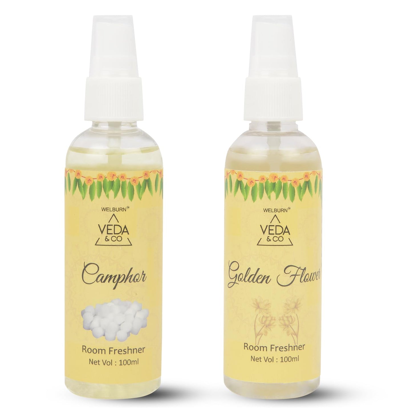 Welburn Veda&Co® Room Freshener for Puja - Combo Pack of 2 (100ml each) | Camphor & Golden Flower Fragrance | Long Lasting Air Freshener for Home & Office