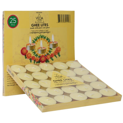 Welburn Veda&Co® Ghee Tealight Candles for Puja & Religious Ceremonies | Pack of 24 (4 Hr Burning Time) Pure Cow Ghee Diya for Home Decor, Pooja, Home, Temple,Aromatherapy & Dinner Parties