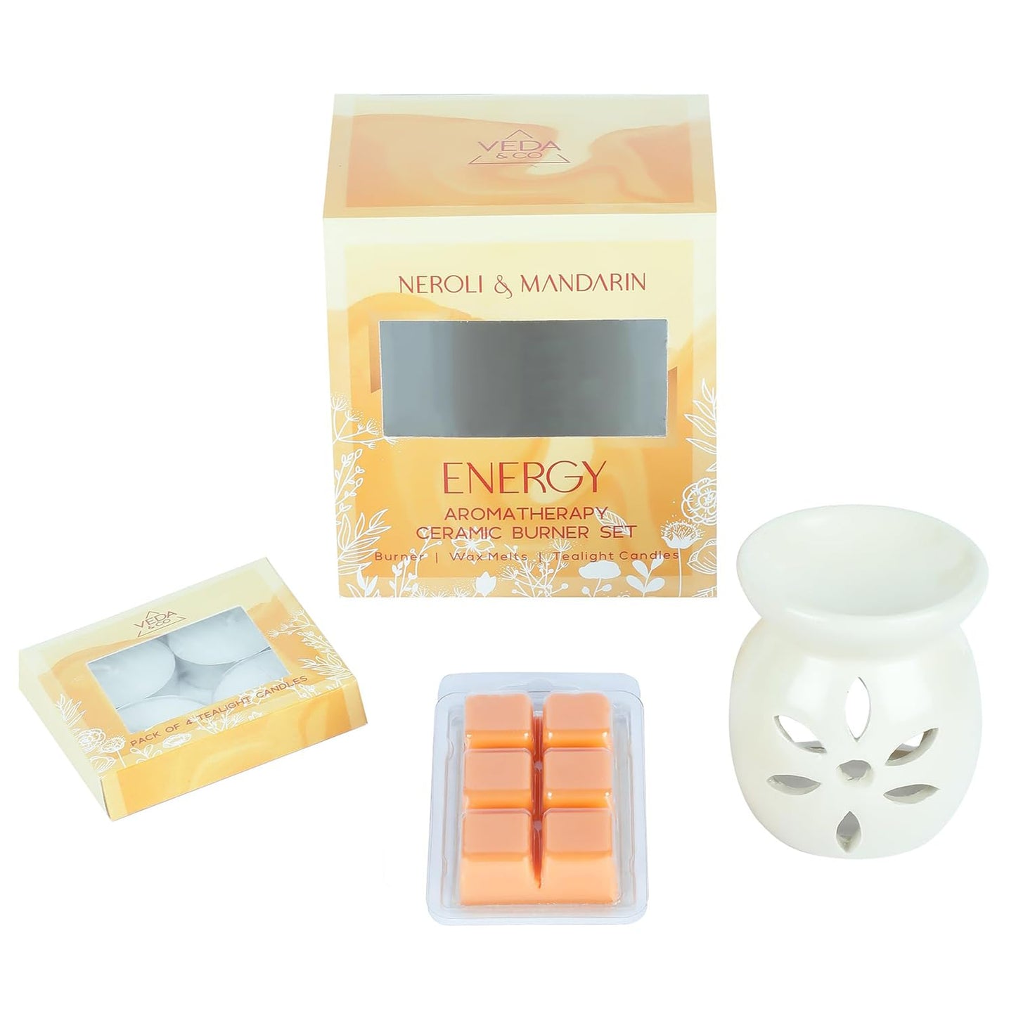 Welburn Veda&Co® Ceramic Burner Aromatherapy Diffuser Set – Scented Wax Melts & Tealights | Home Décor | Up to 30 Uses | Promotes Energy & Positivity