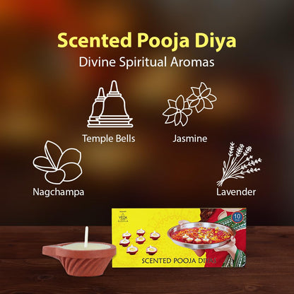 Welburn Veda&Co® Lavender Scented Diya for Puja (10 Pieces), Clay Diya Batti with Cotton Wick, Upto 3hrs Burning Time, Ghee Blended Ready to Use Diyas, Premium Puja Fragrance -Scented Puja Diya