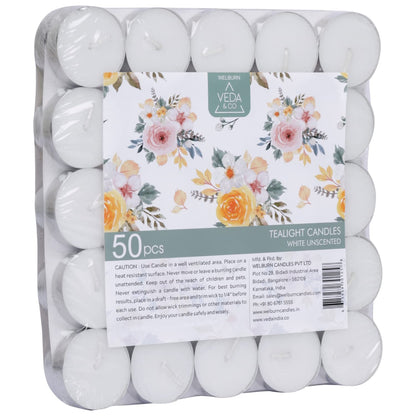 Welburn Veda&Co® Wax Unscented Tealight Candles Pack of 50 for Diwali Decoration | Burning Time 3 Hours | Paraffin Free & Smokeless | Candles for Home Decor, Offices & Special Occasions