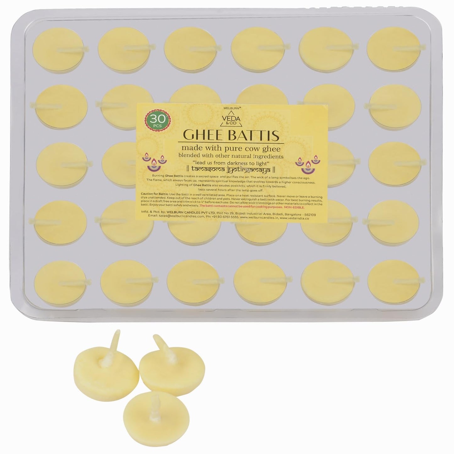 Welburn Veda&Co® Pure Cow Ghee Batti for Puja – 30 Pieces | Cotton Wick | 30-Min Burn | Ghee-Blended Diyas | One-Month Pack | for Home & Temple Use