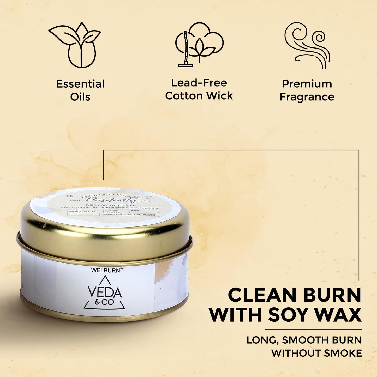 Welburn Veda&Co® Scented Wax Candle – Induces Positivity | Aromatherapy Travel Tin Candle for Home Décor & Relaxation | 100% Soy Wax | Long-Lasting 15 Hours Burn Time | 85gm Portable Jar Candle