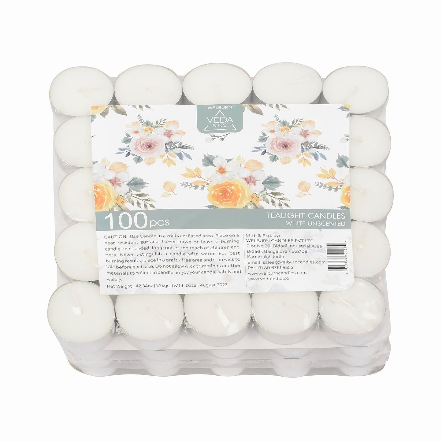 Welburn Veda&Co® Wax Unscented Tealight Candles Pack of 100 for Diwali Decoration | Burning Time Upto 4 Hours | Paraffin Free & Smokeless | Candles for Home Decor, Offices & Special Occasions