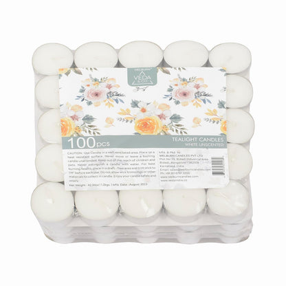Welburn Veda&Co® Wax Unscented Tealight Candles Pack of 100 for Diwali Decoration | Burning Time Upto 4 Hours | Paraffin Free & Smokeless | Candles for Home Decor, Offices & Special Occasions
