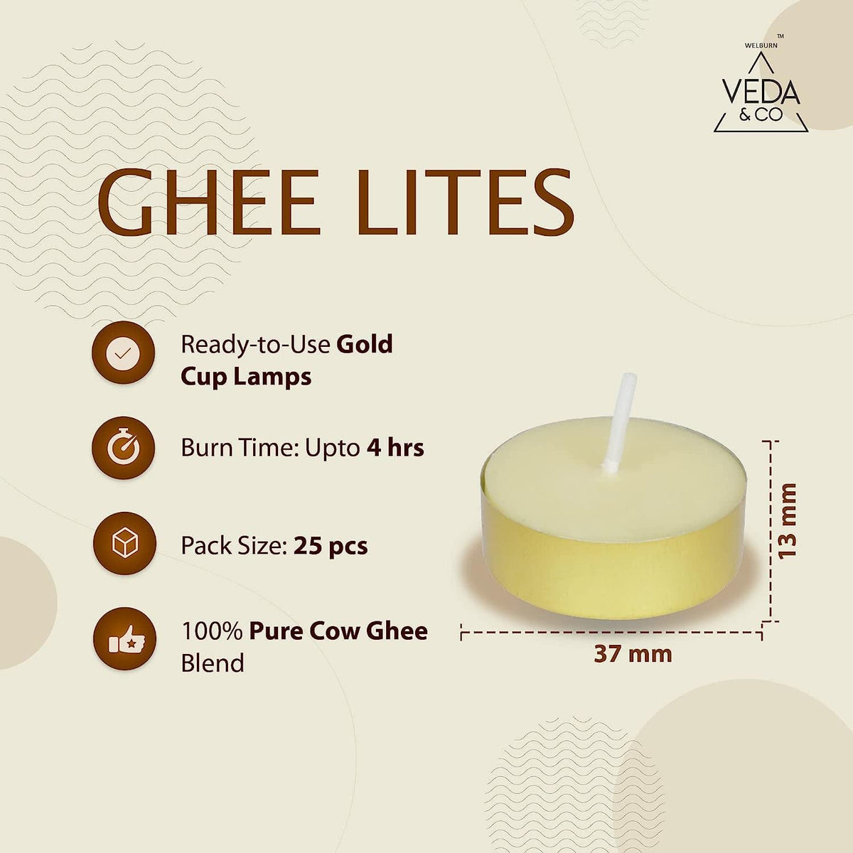 Ghee Tealight Candles, Gold Cup (Pack of 25)