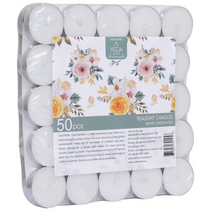 Welburn Veda&Co® Wax Unscented Tealight Candles Pack of 50 for Diwali Decoration | Burn Upto 4 Hour | Paraffin Free & Smokeless | Candles for Home Decor, Office & Special Occasions