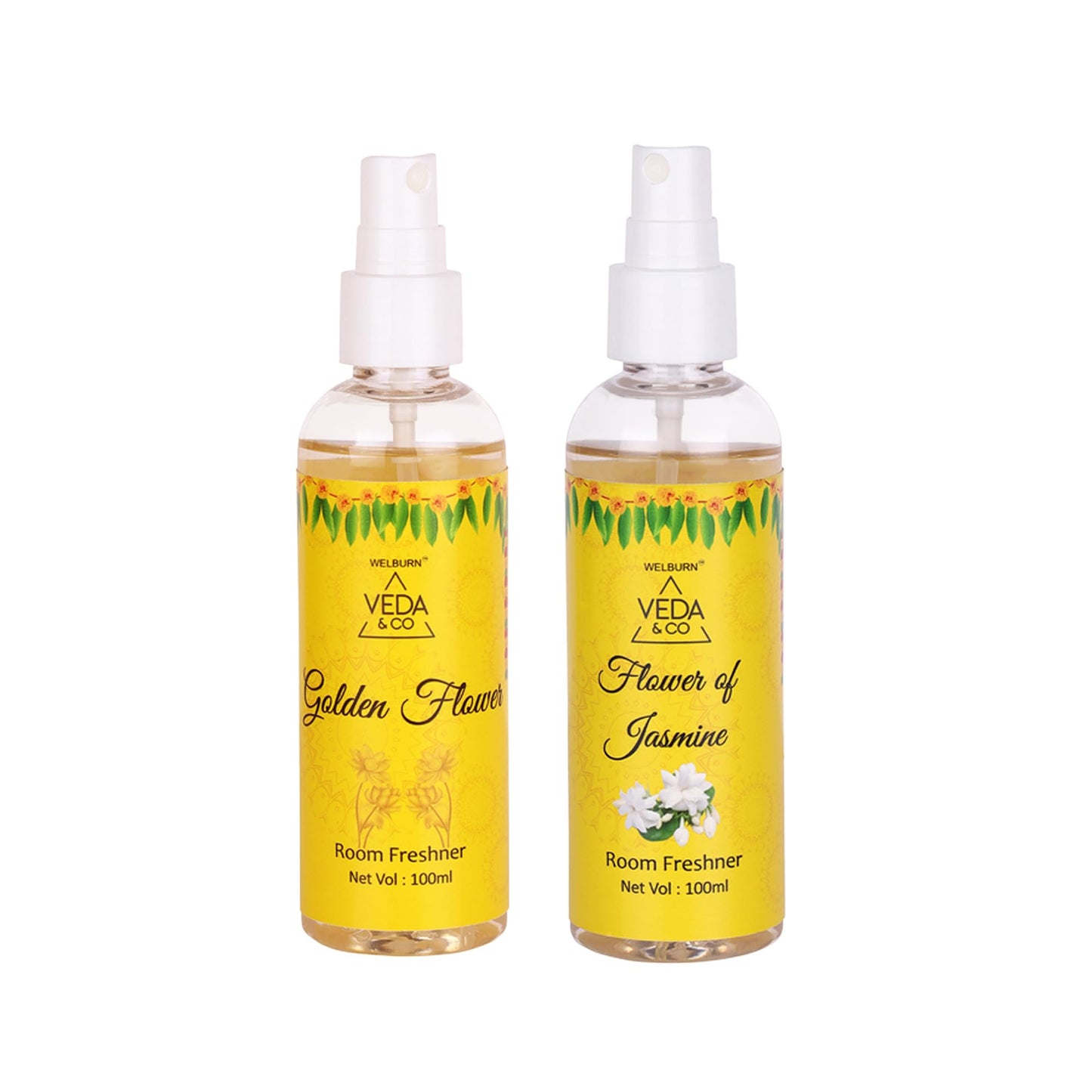 Welburn Veda&Co® Long-Lasting Jasmine & Golden Flower Room Freshener – 100ml Each (Pack of 2) | Air Freshener Spray for Puja Room, Home, Office & Living Spaces – Floral Aroma