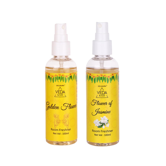 Welburn Veda&Co® Long-Lasting Jasmine & Golden Flower Room Freshener – 100ml Each (Pack of 2) | Air Freshener Spray for Puja Room, Home, Office & Living Spaces – Floral Aroma