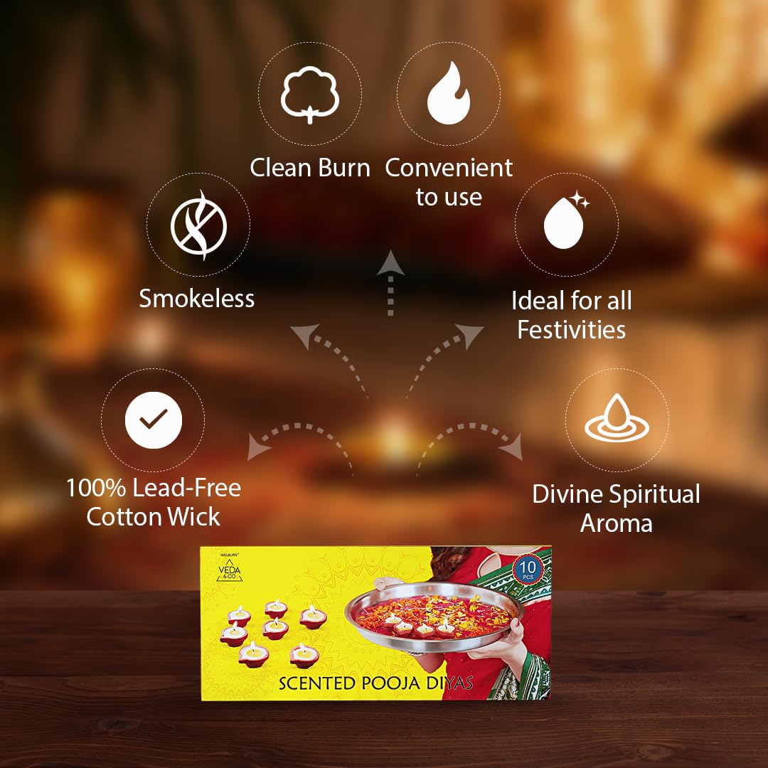 Welburn Veda&Co® Lavender Scented Diya for Puja (10 Pieces), Clay Diya Batti with Cotton Wick, Upto 3hrs Burning Time, Ghee Blended Ready to Use Diyas, Premium Puja Fragrance -Scented Puja Diya