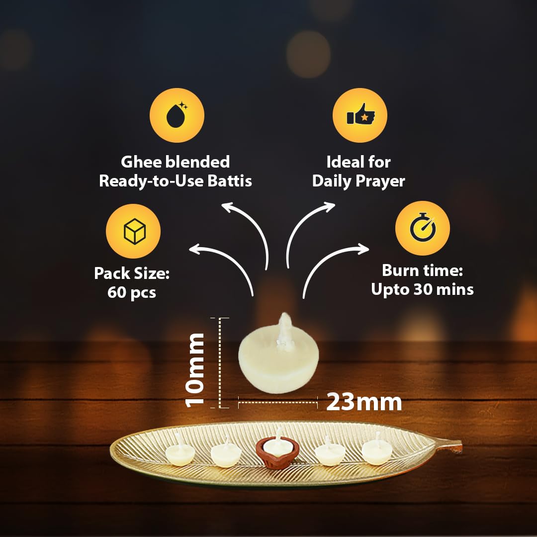 Welburn Veda&Co® Scented Batti for Puja(60 Pieces), Diya Batti with Cotton Wick, 30 Minutes Burning Time, Ghee Blended Ready to Use Diyas, Premium Puja Fragrance Two Month Pack, Home & Temple