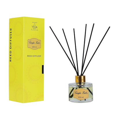Welburn Veda&Co® Temple Bells Scented Reed Diffuser – 100ml | Includes 6 Free Reeds | Ready-to-Use Oil Blend | Fragrance That Inspires Positivity | Home & Office Décor