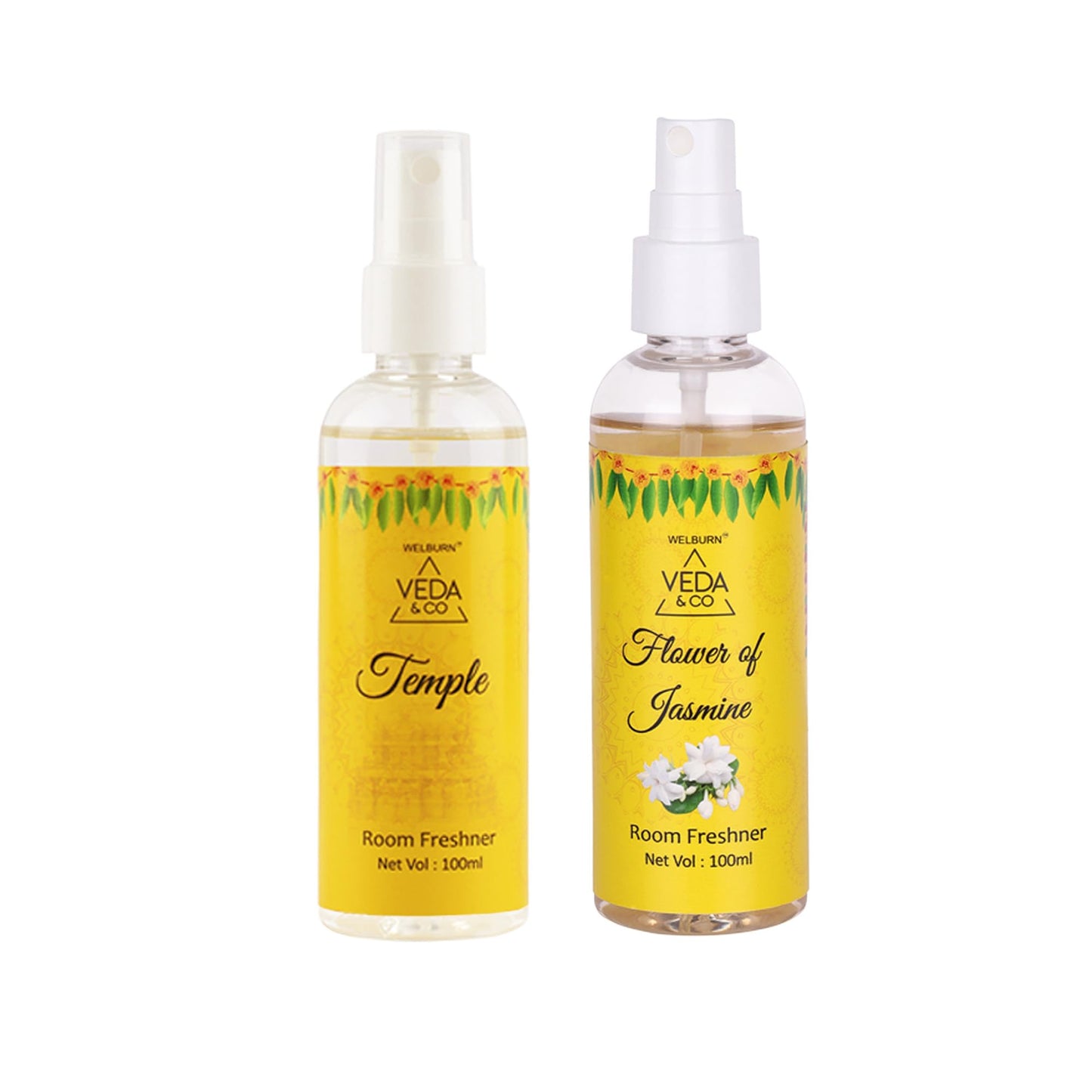 Welburn Veda&Co® Jasmine,and & Temple Fragrance Room Freshener for Puja - 100ml (Pack of 2) | Long Lasting Air Freshener for Home & Office.
