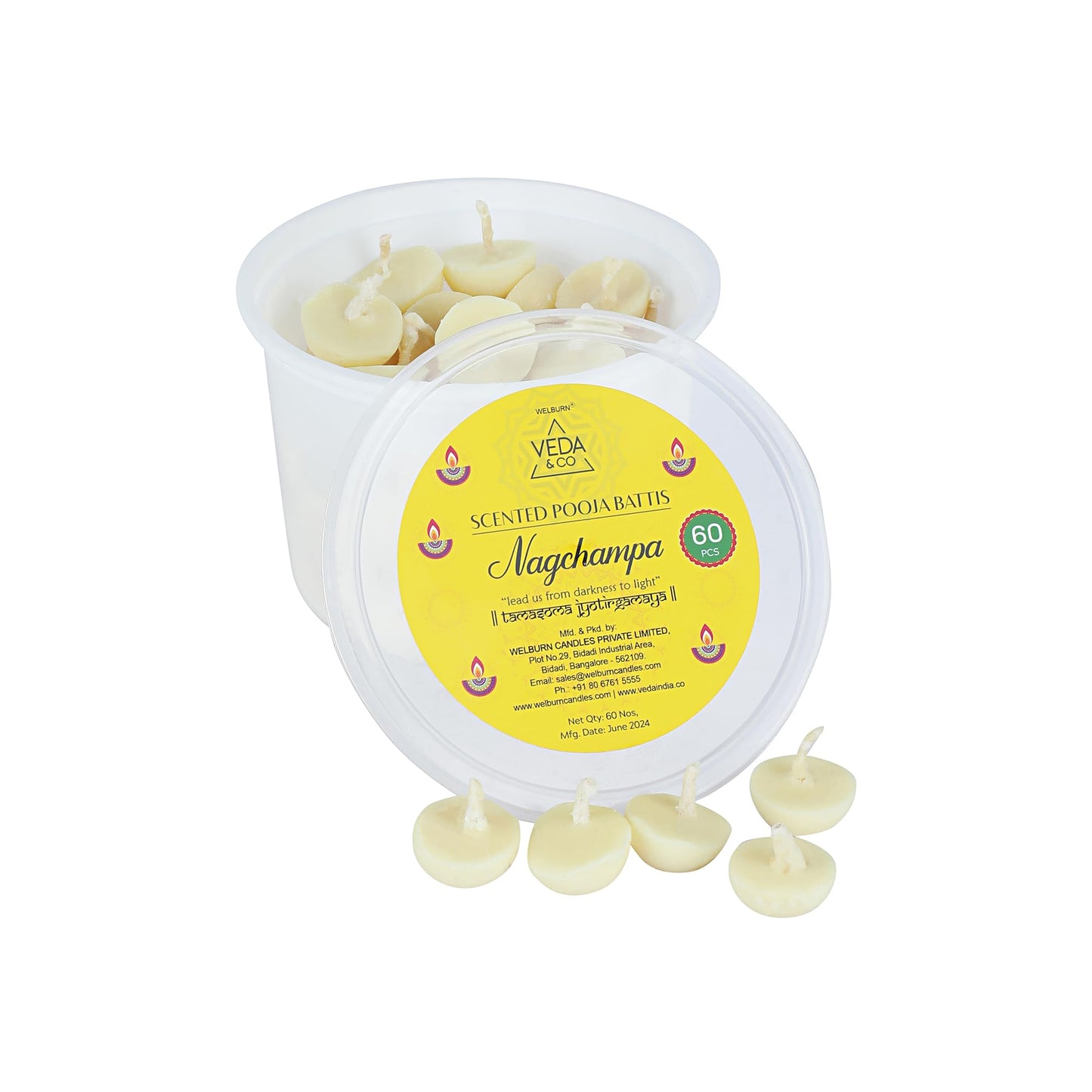 Welburn Veda&Co® Spritual Fragrance Cow Ghee Blend Batti Pack of 60 for Diwali Puja Hawan | Diya Batti with Cotton Wick | Long Burning | Ready to Use Pooja Batti for Pooja, Divine Worship