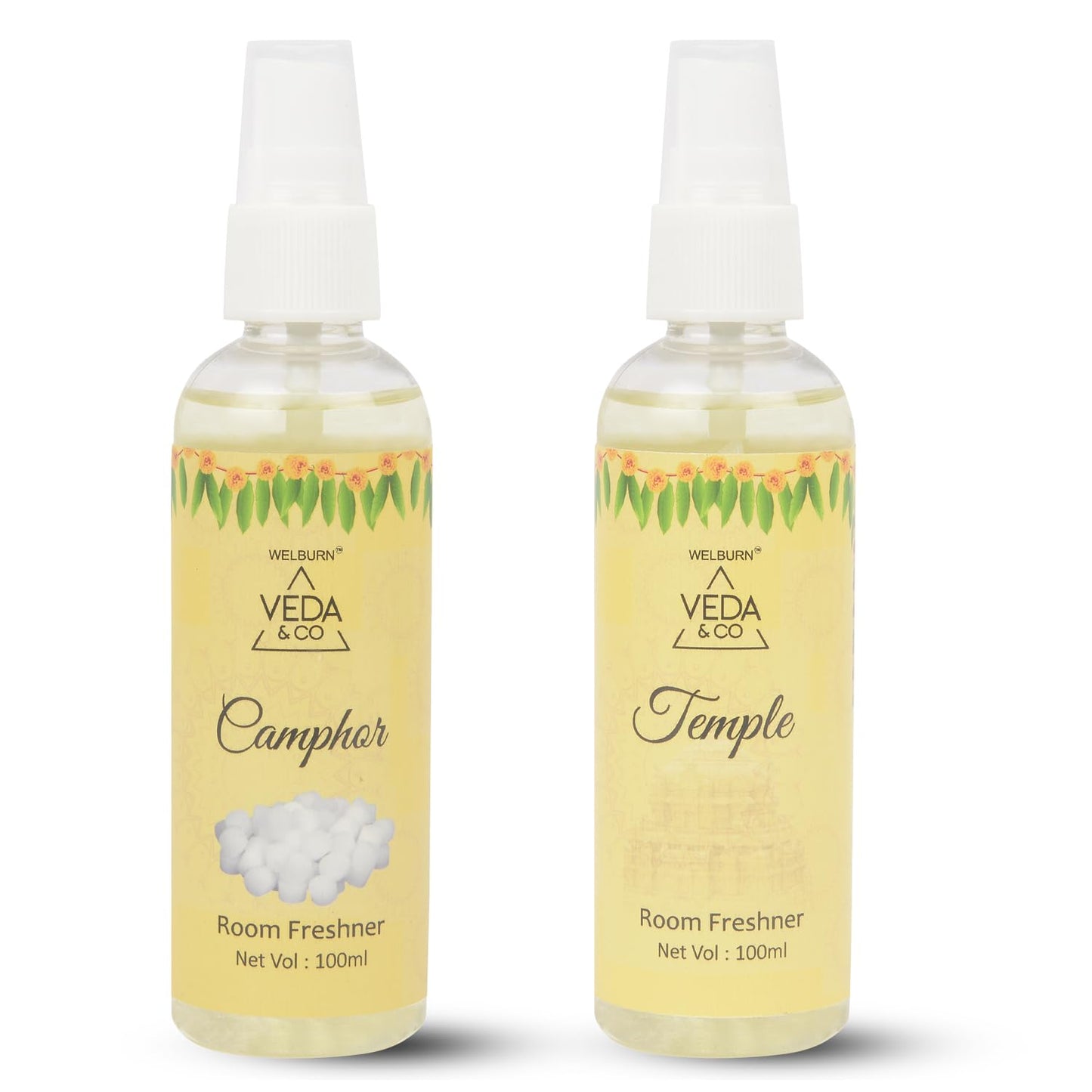 Welburn Veda&Co® Room Freshener for Puja – Combo Pack of 2 (100ml Each) | Camphor & Temple Fragrance | Long-Lasting Spiritual Air Freshener Spray for Home, Office, Mandir & Daily Puja Use