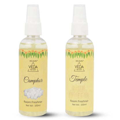 Welburn Veda&Co® Room Freshener for Puja – Combo Pack of 2 (100ml Each) | Camphor & Temple Fragrance | Long-Lasting Spiritual Air Freshener Spray for Home, Office, Mandir & Daily Puja Use