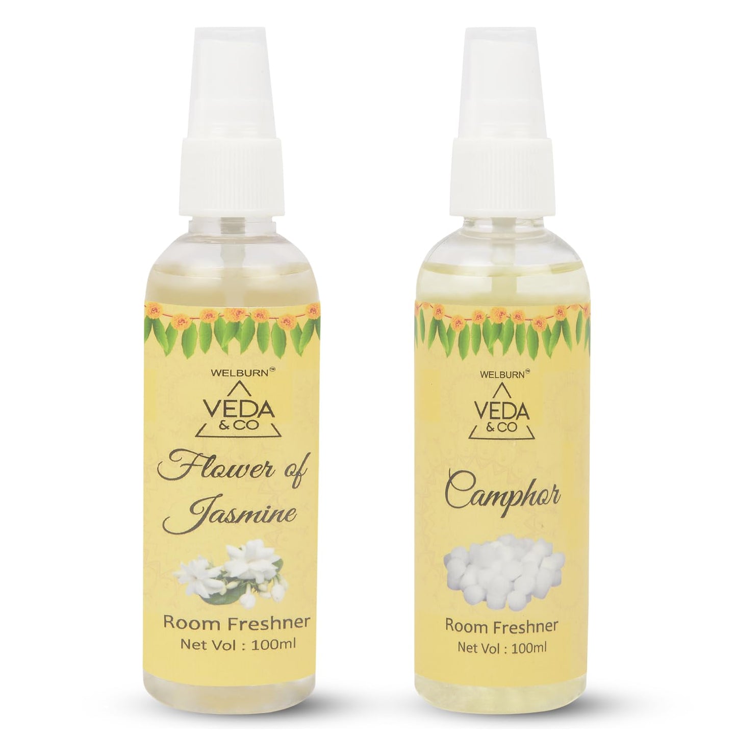 Welburn Veda&Co® Room Freshener for Puja - Combo Pack of 2 (100ml each) | Jasmine & Camphor Fragrance | Long Lasting Air Freshener for Home & Office