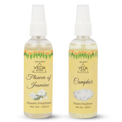 Welburn Veda&Co® Room Freshener for Puja - Combo Pack of 2 (100ml each) | Jasmine & Camphor Fragrance | Long Lasting Air Freshener for Home & Office