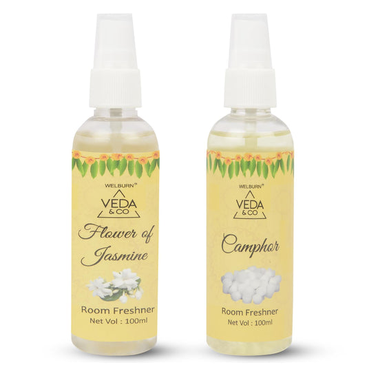 Welburn Veda&Co® Room Freshener for Puja - Combo Pack of 2 (100ml each) | Jasmine & Camphor Fragrance | Long Lasting Air Freshener for Home & Office