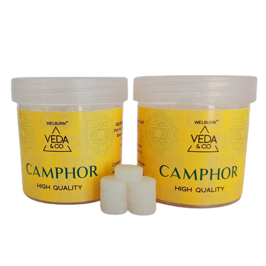 Welburn Veda&Co® Pure Camphor Tablets – 100 Pieces (Pack of 2) | Natural Kapoor for Puja & Hawan | Long-Lasting Camphor Tablets with Refreshing Aroma for Meditation, Spiritual Use & Home Fragrance