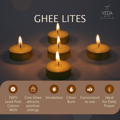 Welburn Veda&Co® Ghee Tealight Candles for Puja & Religious Ceremonies | Pack of 24 (4 Hr Burning Time) Pure Cow Ghee Diya for Home Decor, Pooja, Home, Temple,Aromatherapy & Dinner Parties