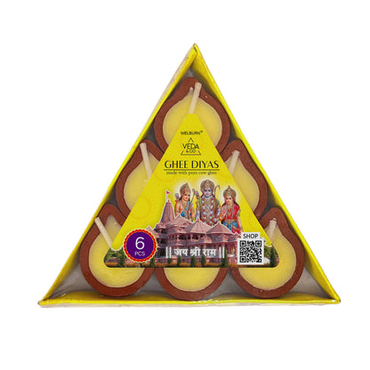 Pure Cow Diya Candle for Puja - 6 Pieces, Upto 45 Minutes Burn Time, Ghee Blended Filled Clay Diya Batti, Ready to Use Diyas for Daily Pooja