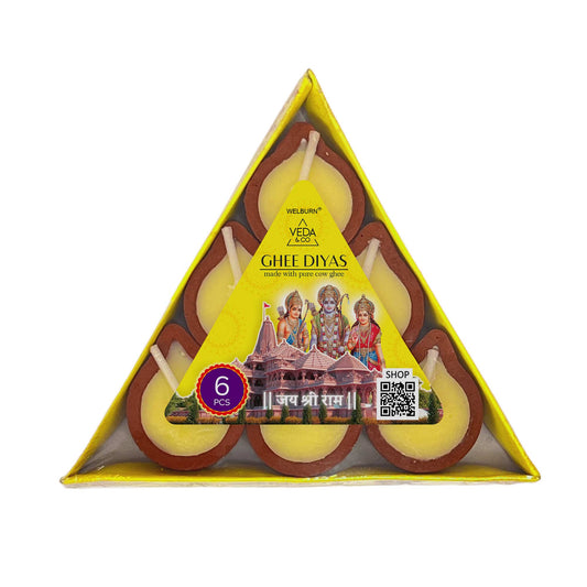 Pure Cow Diya Candle for Puja - 6 Pieces, Upto 45 Minutes Burn Time, Ghee Blended Filled Clay Diya Batti, Ready to Use Diyas for Daily Pooja