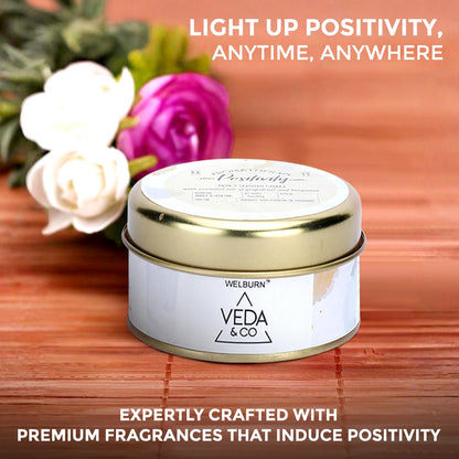 Welburn Veda&Co® Scented Wax Candle – Induces Positivity | Aromatherapy Travel Tin Candle for Home Décor & Relaxation | 100% Soy Wax | Long-Lasting 15 Hours Burn Time | 85gm Portable Jar Candle