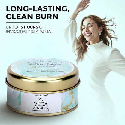 Welburn Veda&Co® Scented Wax Candle – Stress Relief | Aromatherapy Travel Tin Candle | 100% Natural Soy Wax | Relaxing Stress-Relieving Fragrance | 15 Hours Burn Time | 85gm Travel Candle