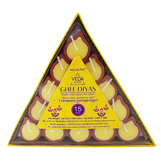 Welburn Veda&Co® Pure Cow Ghee Diya 15 pcs for Puja & Diwali Decoration | Upto 50-55 Burn time | Smoke Free | Diyas for Pooja Havans & Religious Rituals,Festivals | Ready to use