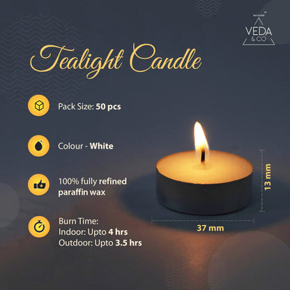 Welburn Veda&Co® Wax Unscented Tealight Candles Pack of 50 for Diwali Decoration | Burn Upto 4 Hour | Paraffin Free & Smokeless | Candles for Home Decor, Office & Special Occasions