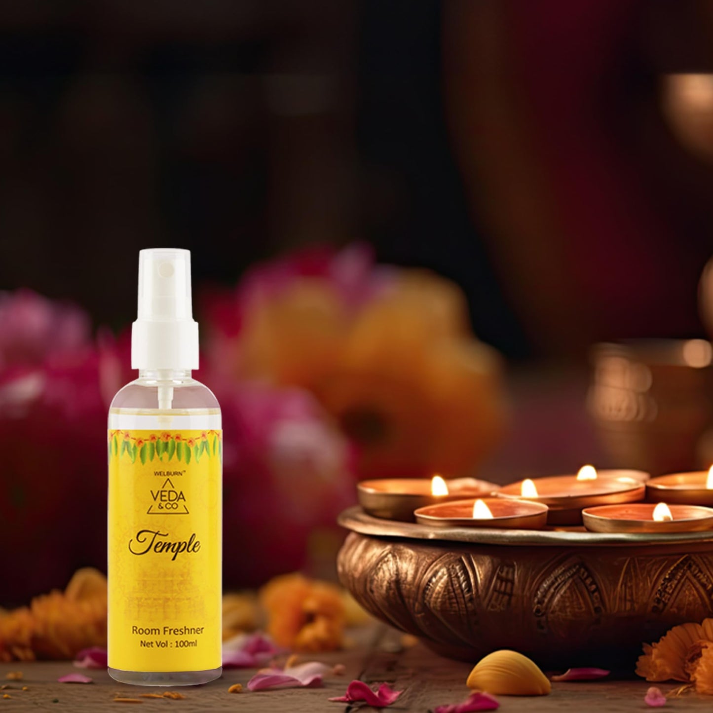 Welburn Veda&Co® Golden Flower & Temple Fragrance Room Freshener for Puja - 100ml (Pack of 1) | Long Lasting Air Freshener for Home & Office.