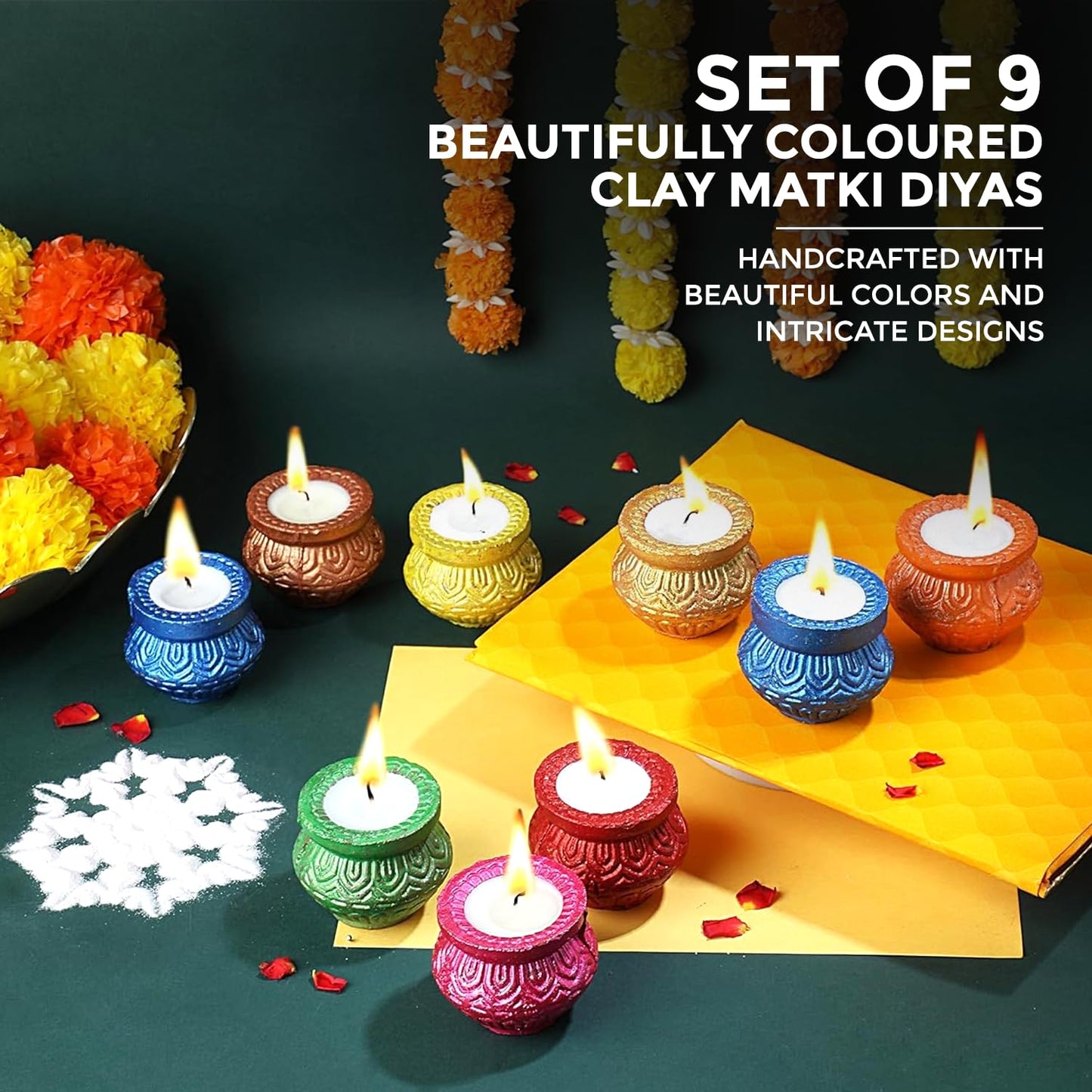 Welburn Veda&Co® Scented Decorative Matki Diya Pack of 9 for Diwali Decoration & Puja | Upto 1.30hr Burning Time | Hand Painted Terracotta Clay Diya for Home Décor & Festive Gifting