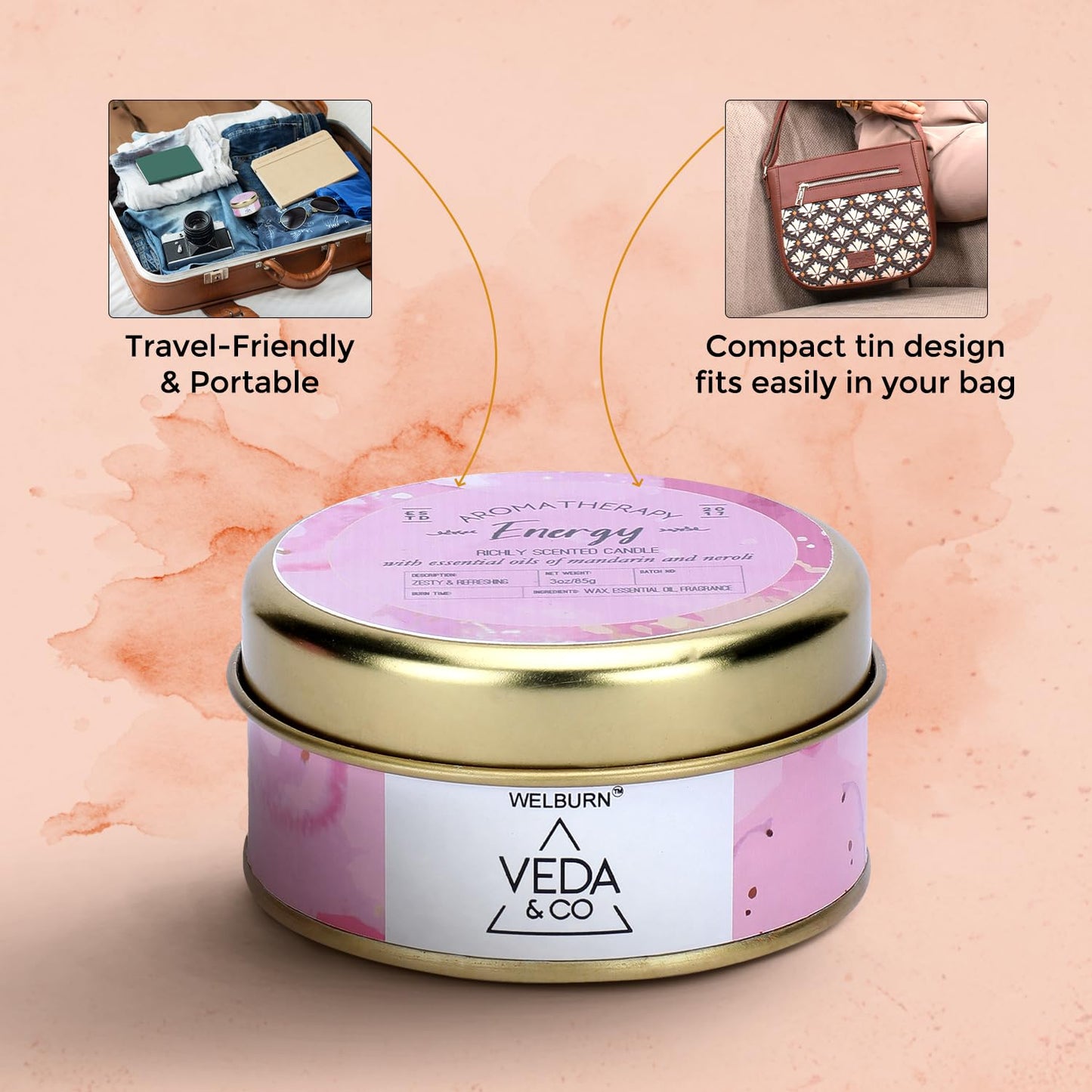Welburn Veda&Co® Scented Wax Candle – Energy Boost | Aromatherapy Travel Tin Candle | Soy Wax | Home Décor Essential | 15-Hour Burn | 85g