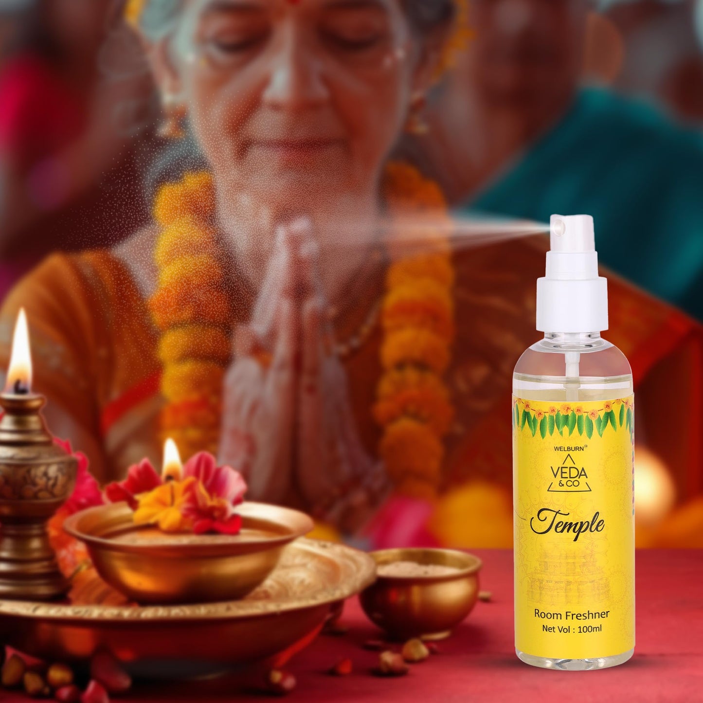 Welburn Veda&Co® Golden Flower & Temple Fragrance Room Freshener for Puja - 100ml (Pack of 1) | Long Lasting Air Freshener for Home & Office.