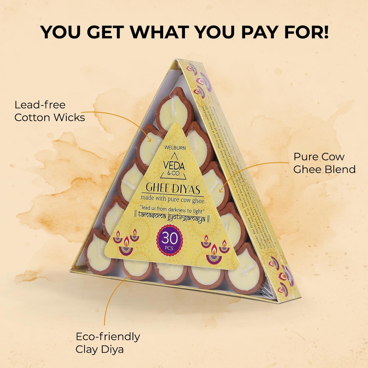 ?Welburn Veda&Co® Pure Cow Ghee Diya – 30 Pieces | Up to 45 Min Burn | Ghee-Filled Clay Diyas with Batti | Ready-to-Use for Daily Puja & Diwali | Premium Puja Diyas Set