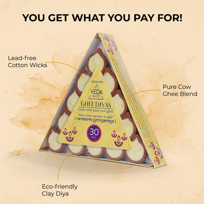 ?Welburn Veda&Co® Pure Cow Ghee Diya – 30 Pieces | Up to 45 Min Burn | Ghee-Filled Clay Diyas with Batti | Ready-to-Use for Daily Puja & Diwali | Premium Puja Diyas Set