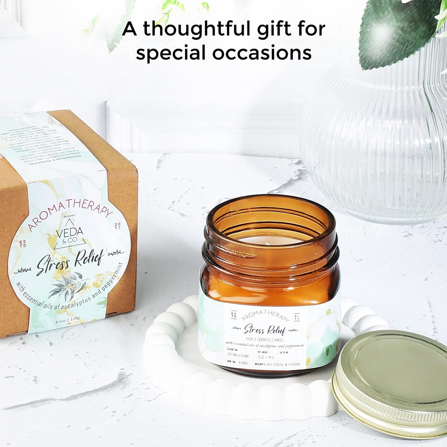 Welburn Veda&Co® Scented Wax Candle -Stress Relief | Aromatherapy Jar Candle for Home Decor | Enhance Your Mood | Enhance Your Space with Soothing Scents (35 Hours Burn Time, 141gm),