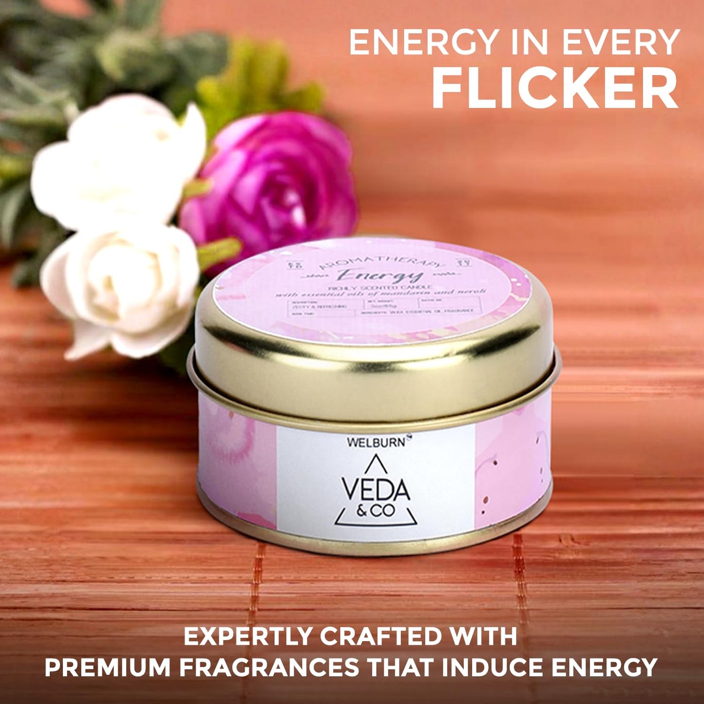 Welburn Veda&Co® Scented Wax Candle – Energy Boost | Aromatherapy Travel Tin Candle | Soy Wax | Home Décor Essential | 15-Hour Burn | 85g