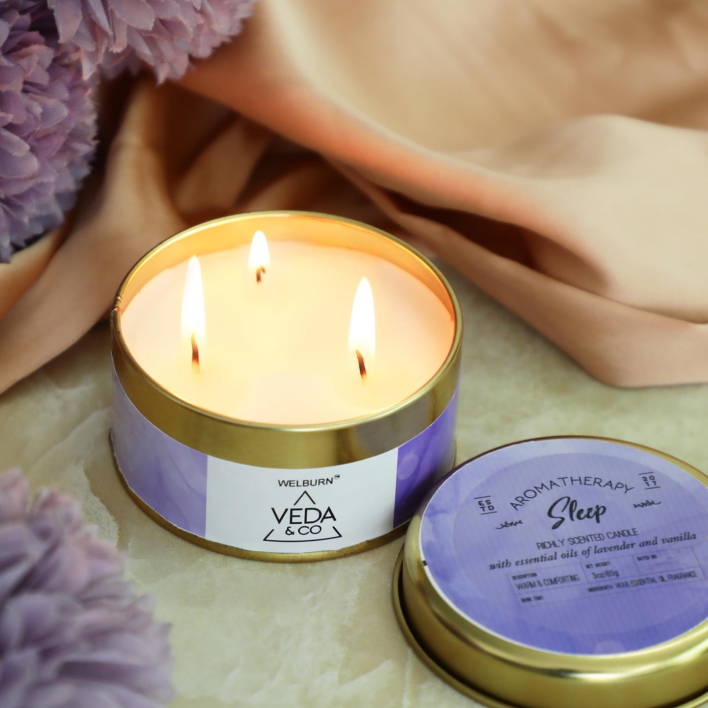 Welburn Veda&Co® Scented Wax Candle (85gm, 15 Hr Burn Time) | Aromatherapy Travel Tin Candle | Soy Wax | Induces Sleep & Relaxation | Stress Relief Candle for Bedroom, Meditation & Home Décor