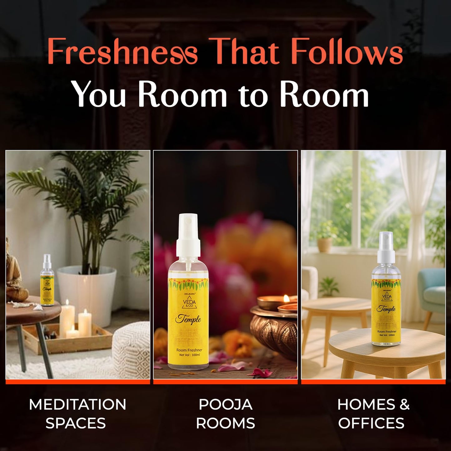 Welburn Veda&Co® Room Freshener for Puja – 100ml (Pack of 1) | Temple Fragrance Spray | Long-Lasting Spiritual Air Freshener for Home, Office, Mandir & Pooja Room | Refreshing Aromatic Ambience
