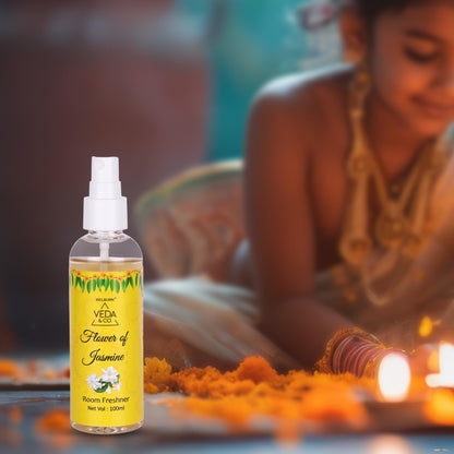 Welburn Veda&Co® Long-Lasting Jasmine & Golden Flower Room Freshener – 100ml Each (Pack of 2) | Air Freshener Spray for Puja Room, Home, Office & Living Spaces – Floral Aroma