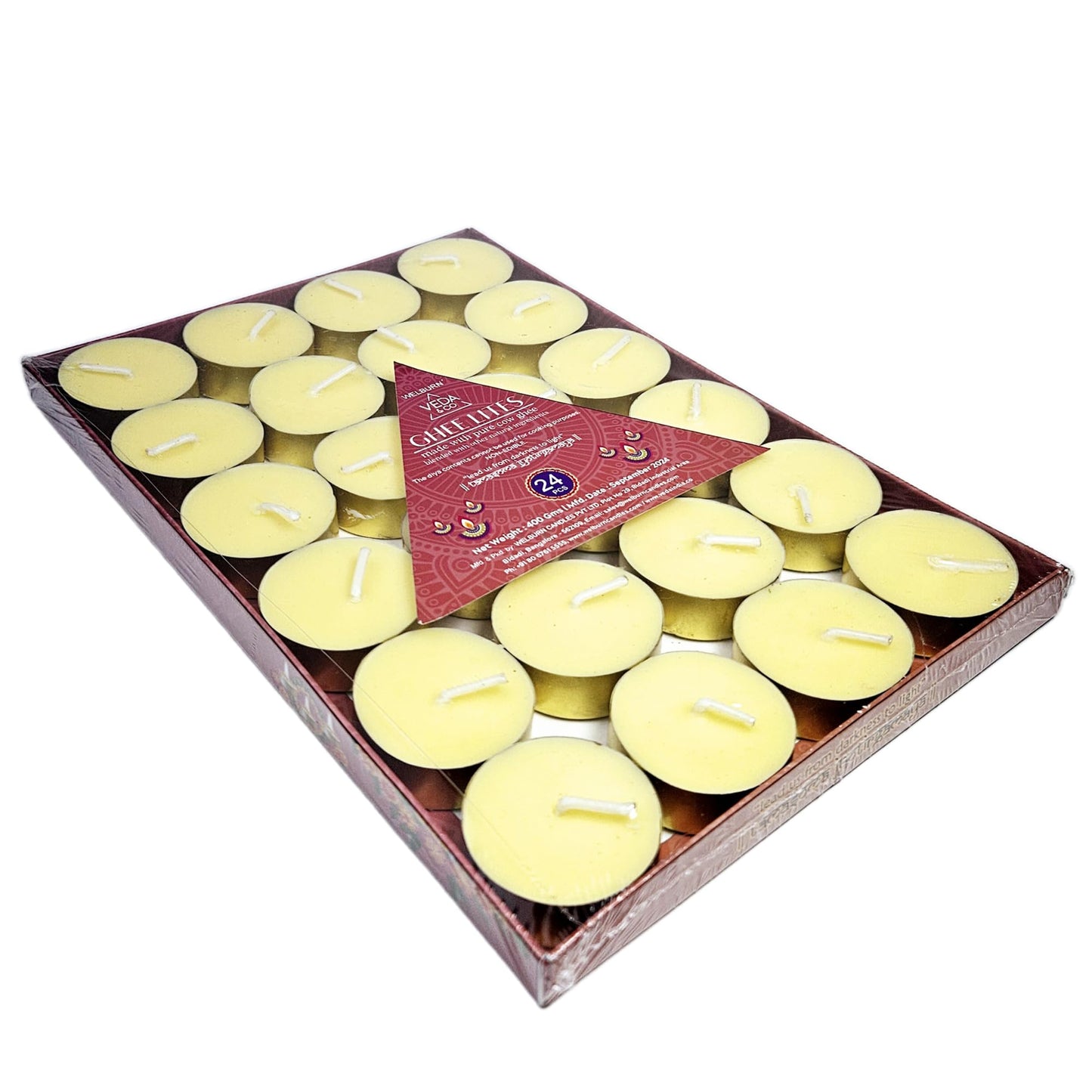 Welburn Veda&Co® Ghee Tealight Candles for Puja & Religious Ceremonies | Pack of 24 (4 Hr Burning Time) Pure Cow Ghee Diya for Home Decor, Pooja, Home, Temple,Aromatherapy & Dinner Parties