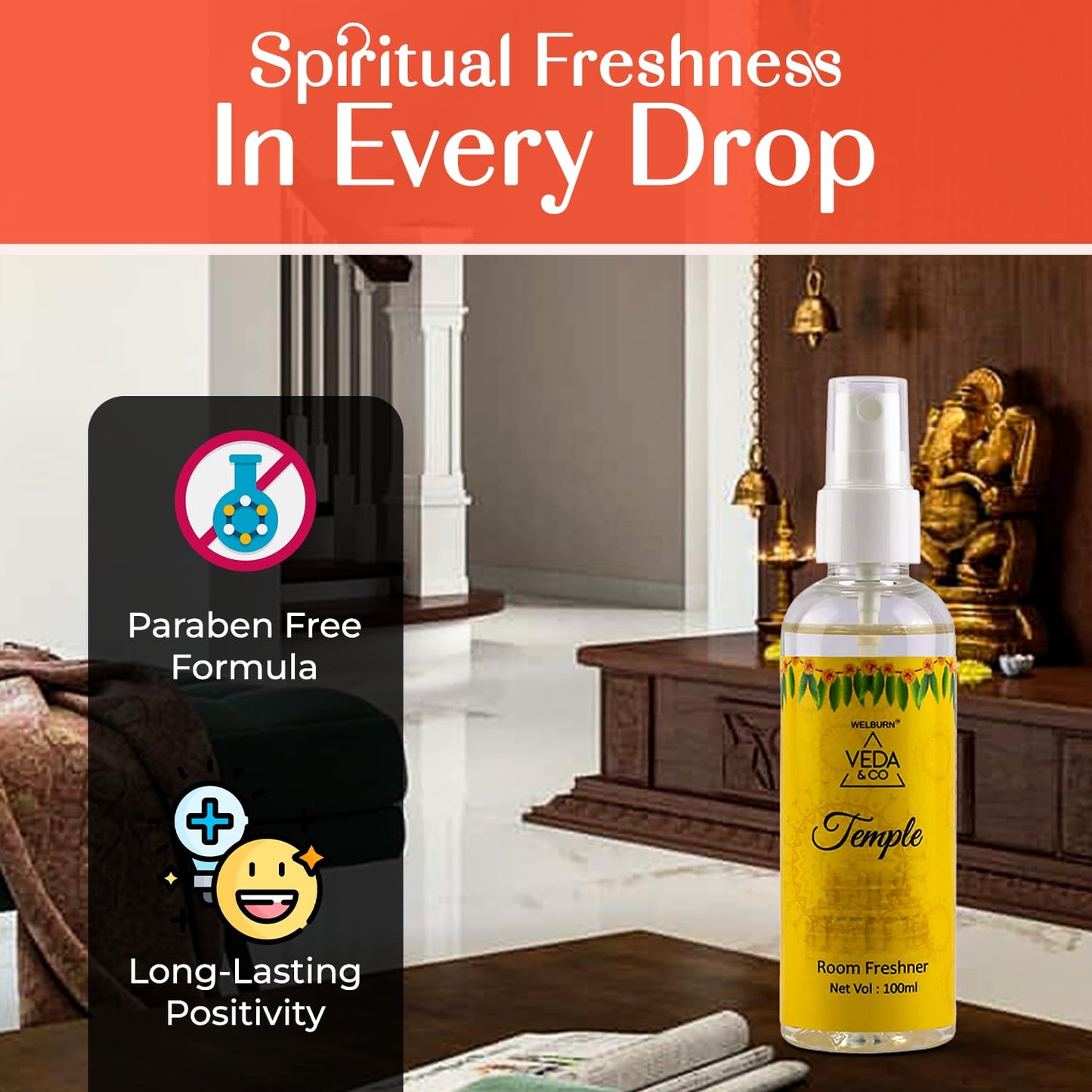 Welburn Veda&Co® Room Freshener for Puja – 100ml (Pack of 1) | Temple Fragrance Spray | Long-Lasting Spiritual Air Freshener for Home, Office, Mandir & Pooja Room | Refreshing Aromatic Ambience