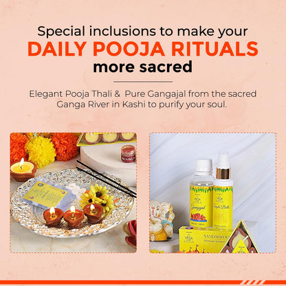 Welburn Veda&Co® Pooja Essentials Set | Diwali Pooja Samagri Kit | Combo for Deepawali | Spiritual Fragrance Diya & Agarbatti, Cones, Haldi, Kumkum, Chandan, Pooja Room Spray & Gangajal
